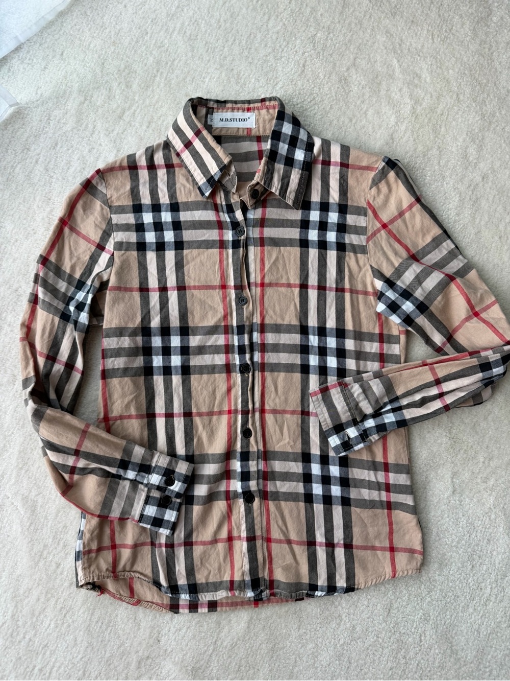 Classic Beige Plaid Button-Down Shirt with Collar